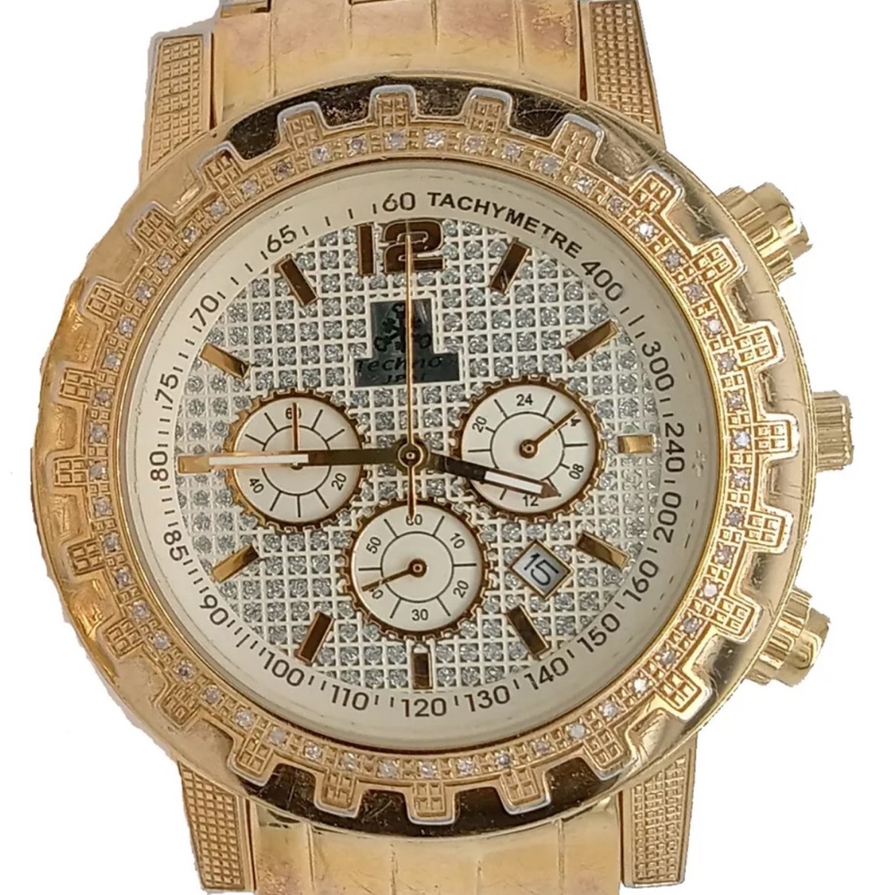 Techno jpm 961 Gold Bracelet Stainless Steel Chronograph Men`s Watch #77 running